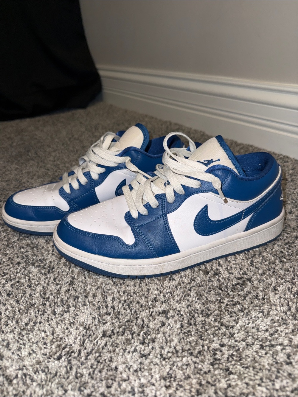 Nike White and Blue Low-Top Air Jordans